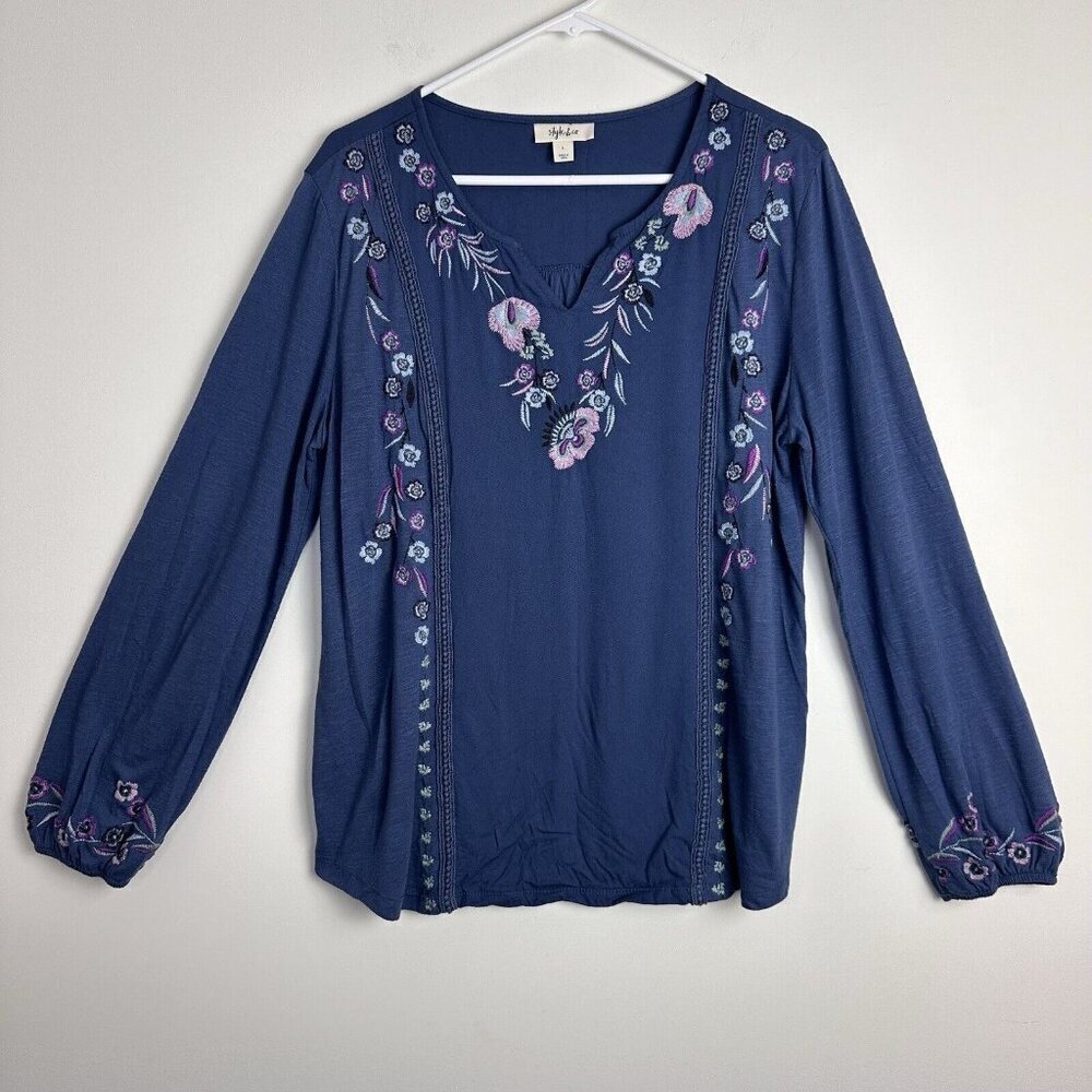 Style & Co Womens Embroidered Blue Long Roll Tab Sleeve Top Size L Cotton‎